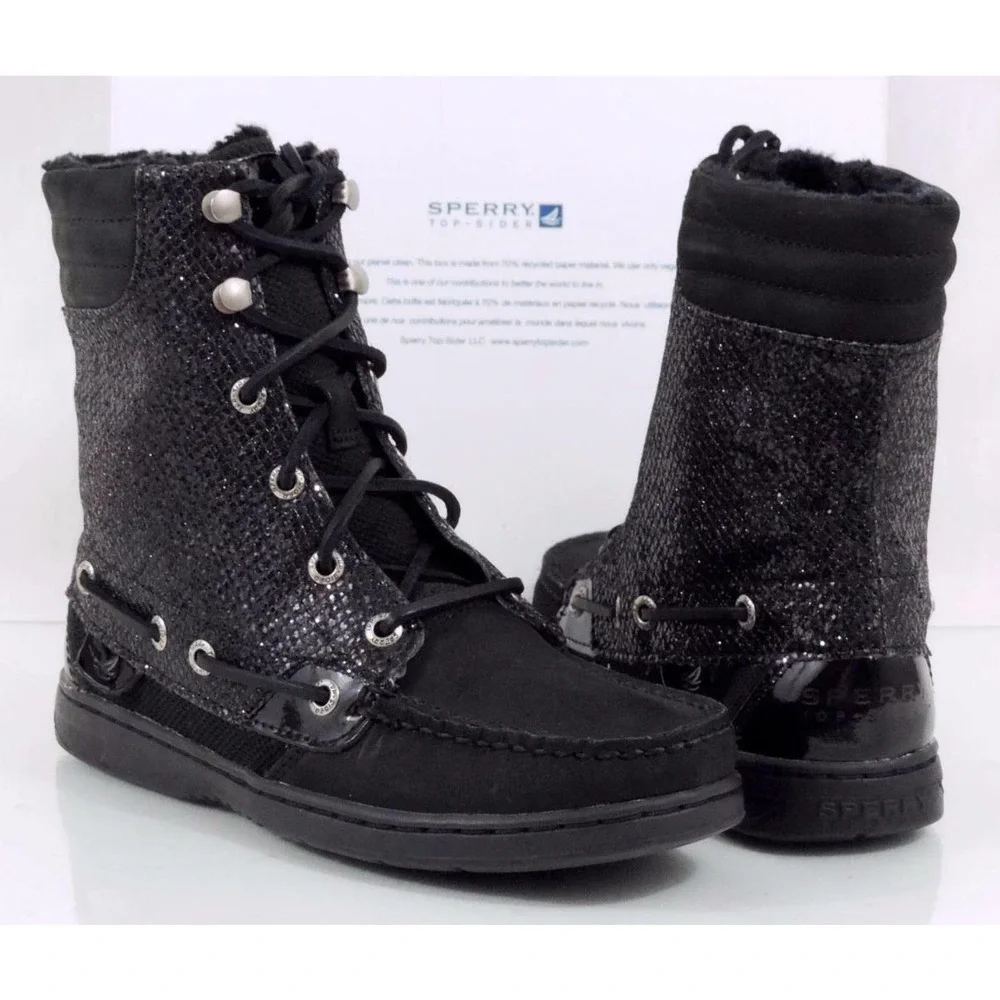 Sperry Top Sider Hiker Fish Boat Boots Lace Up Black Glitter Size 6 - Picture 2 of 8
